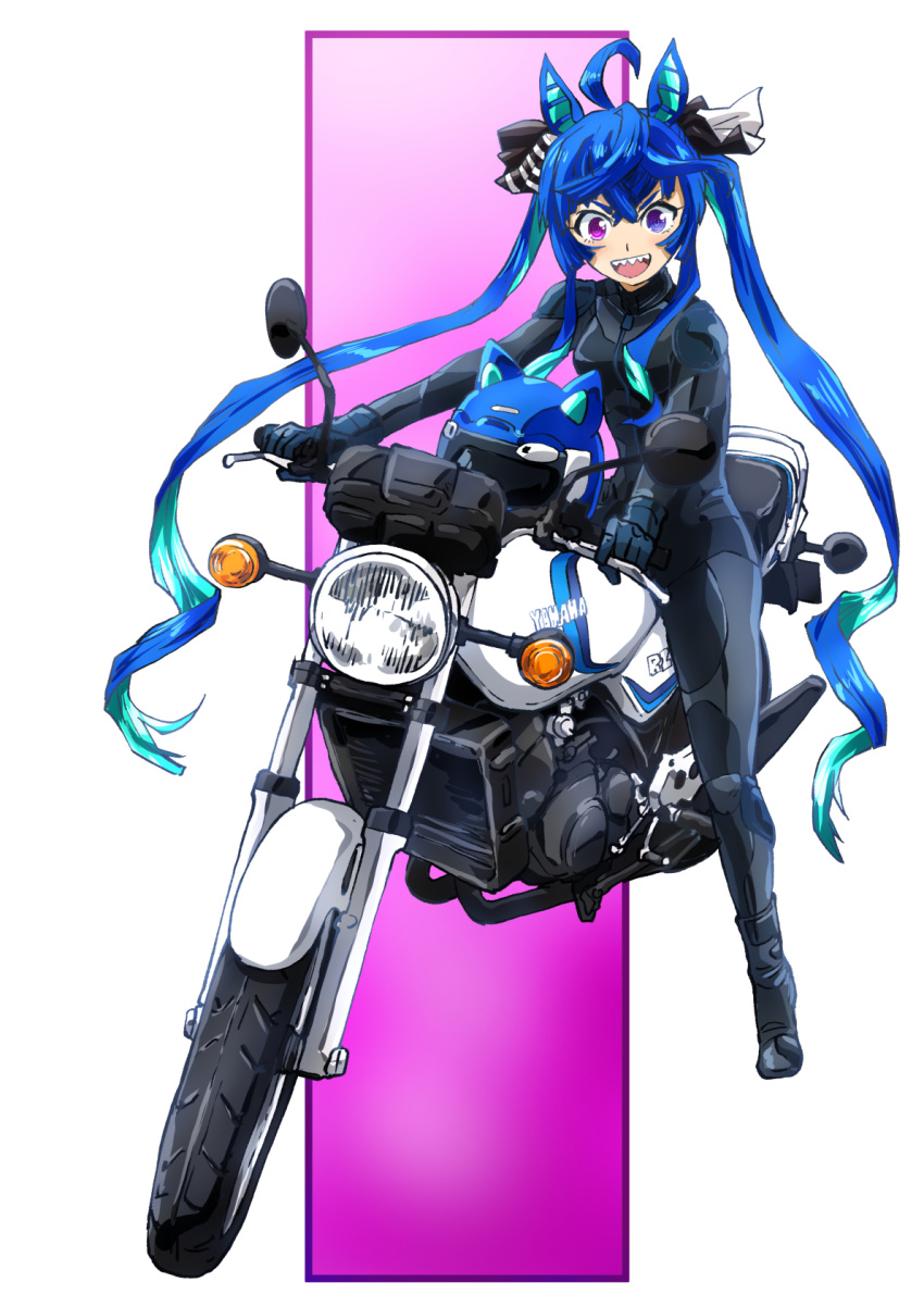 @_@ ahoge animal_ears biker_clothes bikesuit blue_gloves blue_hair bodysuit breasts crossed_bangs full_body gloves helmet heterochromia highres horse_ears long_hair looking_at_viewer motor_vehicle motorcycle open_mouth pink_eyes purple_eyes sharp_teeth sitting small_breasts smile taiga_hiroyuki teeth twin_turbo_(umamusume) twintails umamusume unworn_headwear unworn_helmet upper_teeth_only v-shaped_eyebrows yamaha yamaha_rz250