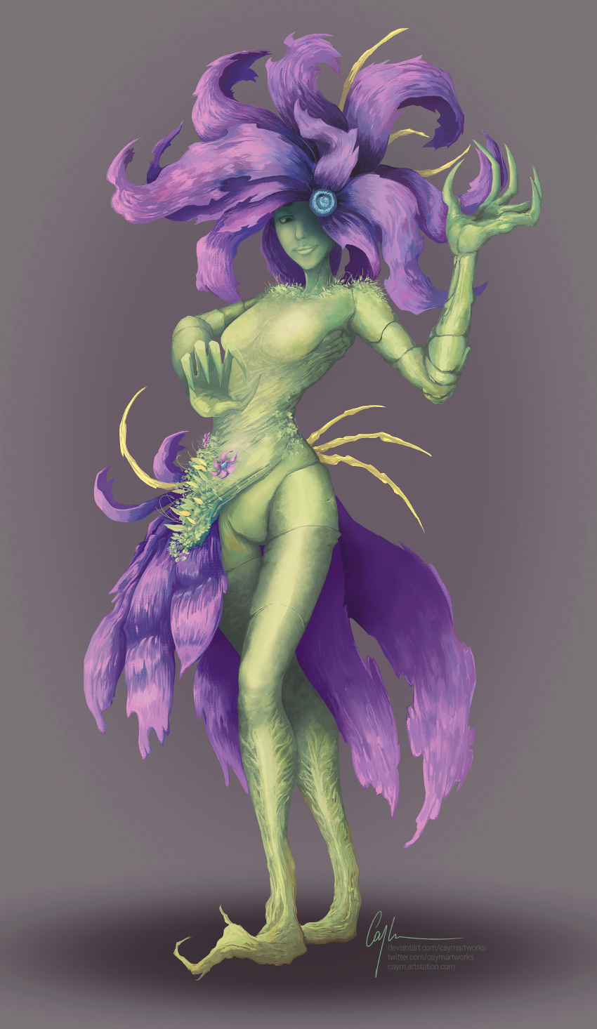 2019 absurd_res breasts caymartworks curvy_figure elemental_creature elemental_humanoid featureless_breasts female female_humanoid flora_fauna flower flower_(anatomy) flower_hair front_view full-length_portrait green_eyes grey_background hi_res hourglass_figure humanoid long_fingers not_furry one_eye_obstructed plant plant_hair plant_humanoid portrait pose pseudo_clothing pseudo_hair purple_flower segmented_arms segmented_legs simple_background solo standing thigh_gap