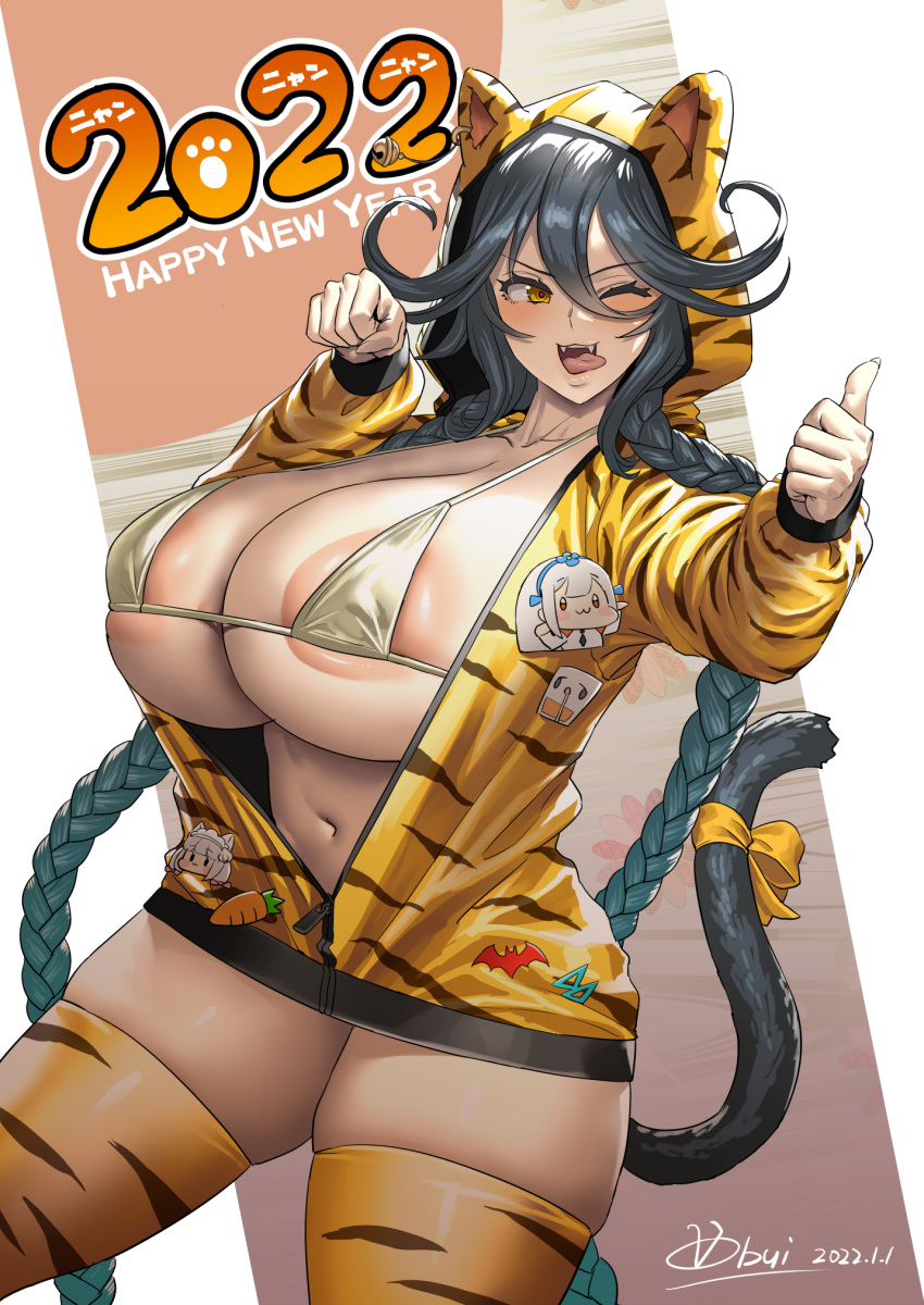 1girl 2022 animal_ears animal_hood animal_print areola_slip areolae badge bangs bikini black_hair blush braid breasts button_badge cat_ears cat_girl cat_tail character_badge character_request chinese_zodiac cleavage collarbone commentary_request covered_nipples cowboy_shot dated eyebrows_visible_through_hair fangs hair_between_eyes hands_up happy_new_year highres hood hood_up hooded_jacket huge_breasts jacket last_origin long_hair long_sleeves looking_to_the_side navel new_year obui one_eye_closed open_mouth partially_unzipped paw_pose poi_(last_origin) ribbon sidelocks signature skindentation smile solo standing stomach swimsuit tail tail_ornament tail_ribbon teeth thighhighs thumbs_up tiger_hood tiger_print tongue tongue_out twin_braids undersized_clothes upper_teeth very_long_hair white_bikini year_of_the_tiger yellow_eyes yellow_jacket yellow_legwear zipper zipper_pull_tab