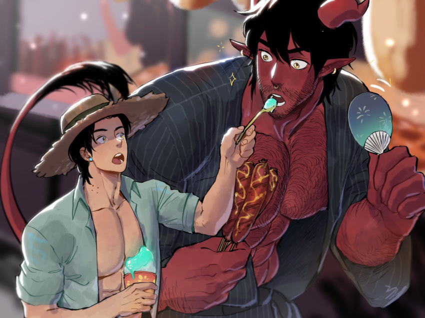 2boys abs aqua_shirt bara bare_pectorals black_kimono chest_hair collared_shirt colored_skin couple demon_boy demon_horns demon_tail dominique_(the_devil_and_s-13) earrings feeding food hand_fan hat hay highres holding holding_food holding_spoon horns japanese_clothes jewelry kimono large_pectorals looking_at_another male_focus multiple_boys muscular muscular_male nipples nose_piercing open_clothes open_mouth open_shirt paper_fan pectorals piercing pointy_ears red_skin shirt spoon steen_(the_devil_and_s-13) straw_hat suyohara tail the_devil_and_s-13 uchiwa yaoi