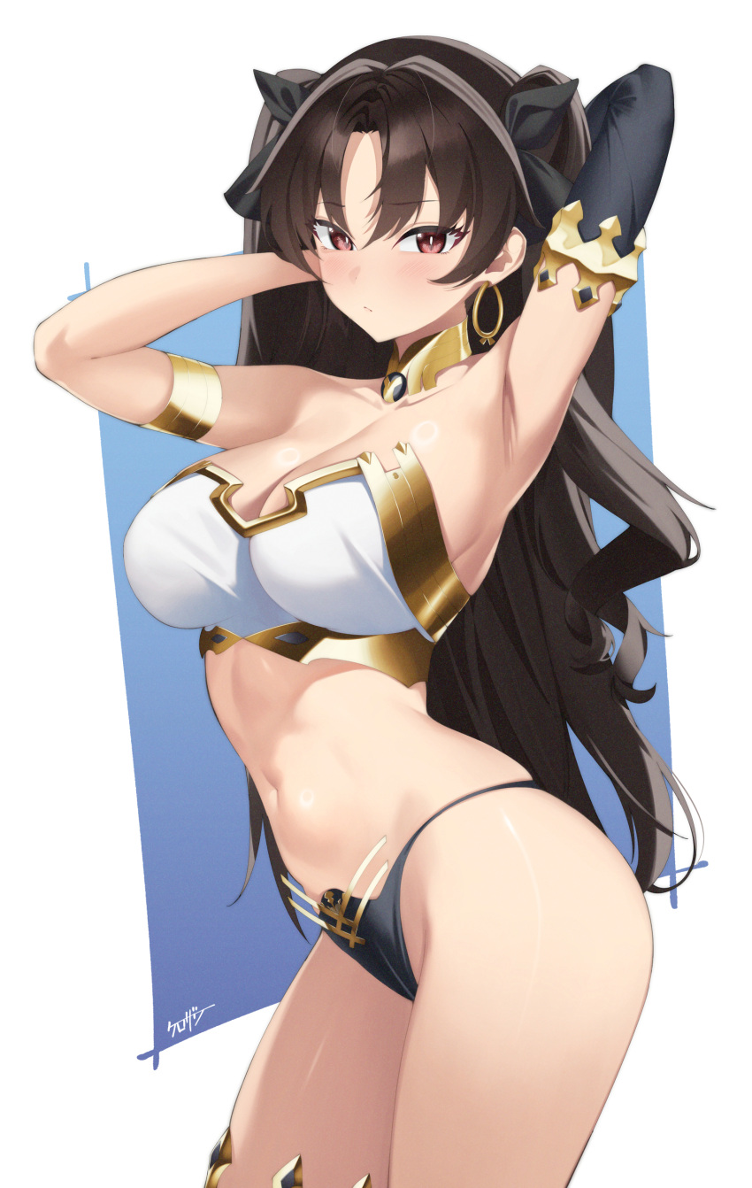 1girl absurdres armlet armpits arms_behind_head arms_up bandeau bare_shoulders bikini black_hair blush bracelet breasts cleavage detached_sleeves earrings fate/grand_order fate_(series) gold_trim hair_ribbon highres hoop_earrings ishtar_(fate) jewelry kurozawa_yui large_breasts long_hair looking_at_viewer mismatched_bikini navel neck_ring parted_bangs red_eyes ribbon single_detached_sleeve solo strapless swimsuit thighs tube_top two_side_up