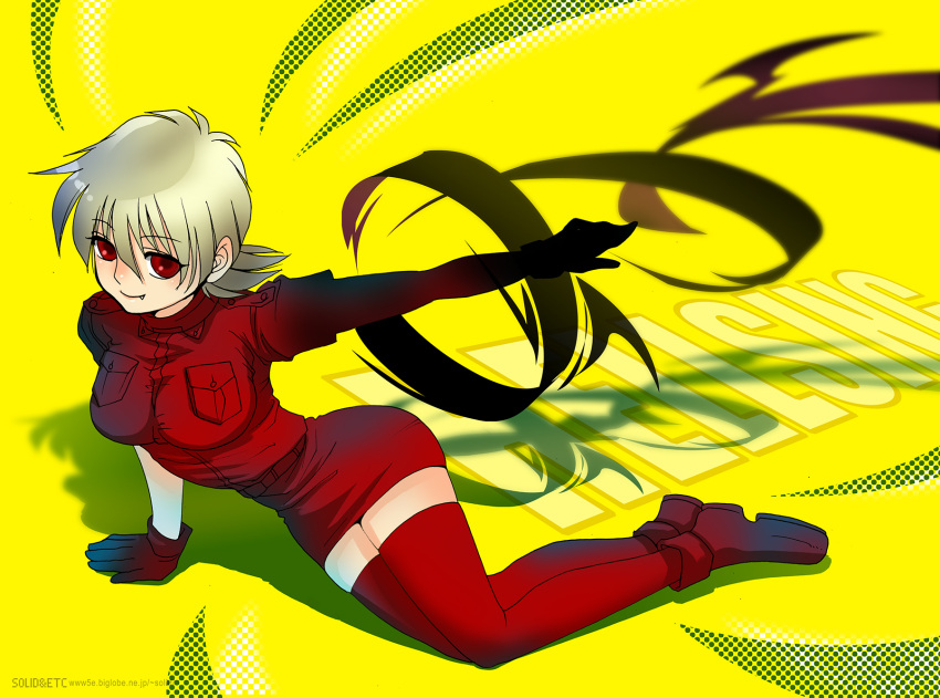 1girl artist_name blonde_hair boots breasts commentary_request copyright_name fang full_body gloves hellsing highres medium_breasts miniskirt outstretched_arm red_eyes red_gloves red_skirt red_thighhighs seras_victoria sitting skirt solo thighhighs toshimichi_yukari web_address yellow_background yokozuwari zettai_ryouiki