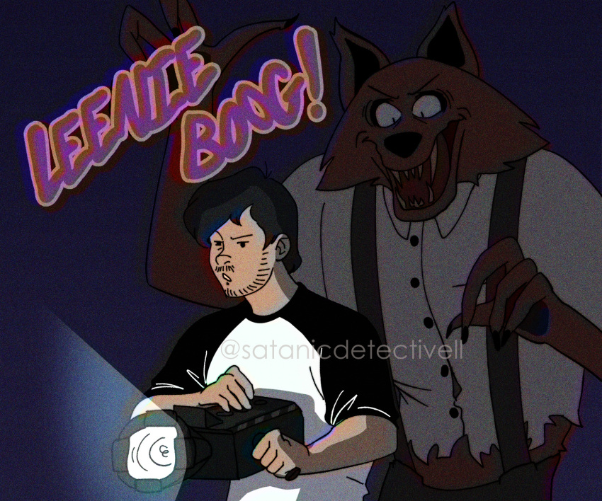 ! &gt;:d 2021 anthro beard black_eyes black_hair black_nose bottomwear canid canine claws clothed clothing crossover duo english_text facial_hair fangs flashlight fox fur hair hanna-barbera hi_res human leenie_boog leenie_boog_(character) light long_fingers looking_away looking_down male mammal markiplier mustache one_eye_half-closed open_mouth orange_body orange_ears orange_fur pants pawpads paws pupils purple_background raised_arm satanicdetectivell scooby-doo_(series) shadow sharp_claws sharp_teeth shirt short_hair simple_background simple_eyes size_difference slit_pupils small_pupils smile standing suspenders tan_body tan_ears tan_nose tan_skin teeth text topwear torn_clothing