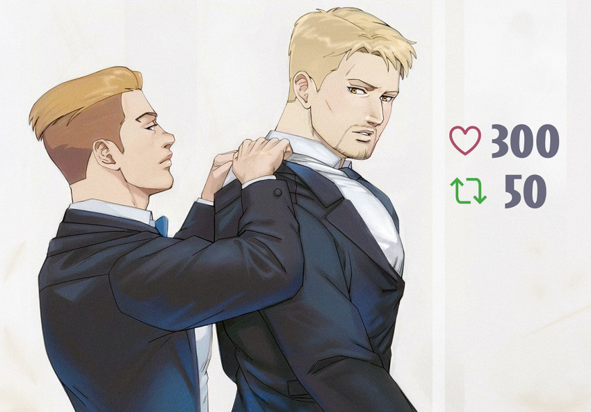 2boys bara blonde_hair brown_hair closed_mouth collared_shirt facial_hair large_pectorals like_and_retweet looking_at_another male_focus meme multiple_boys muscular muscular_male necktie panicawa pectorals porco_galliard reiner_braun shingeki_no_kyojin shirt short_hair twitter_strip_game_(meme) upper_body white_shirt yaoi