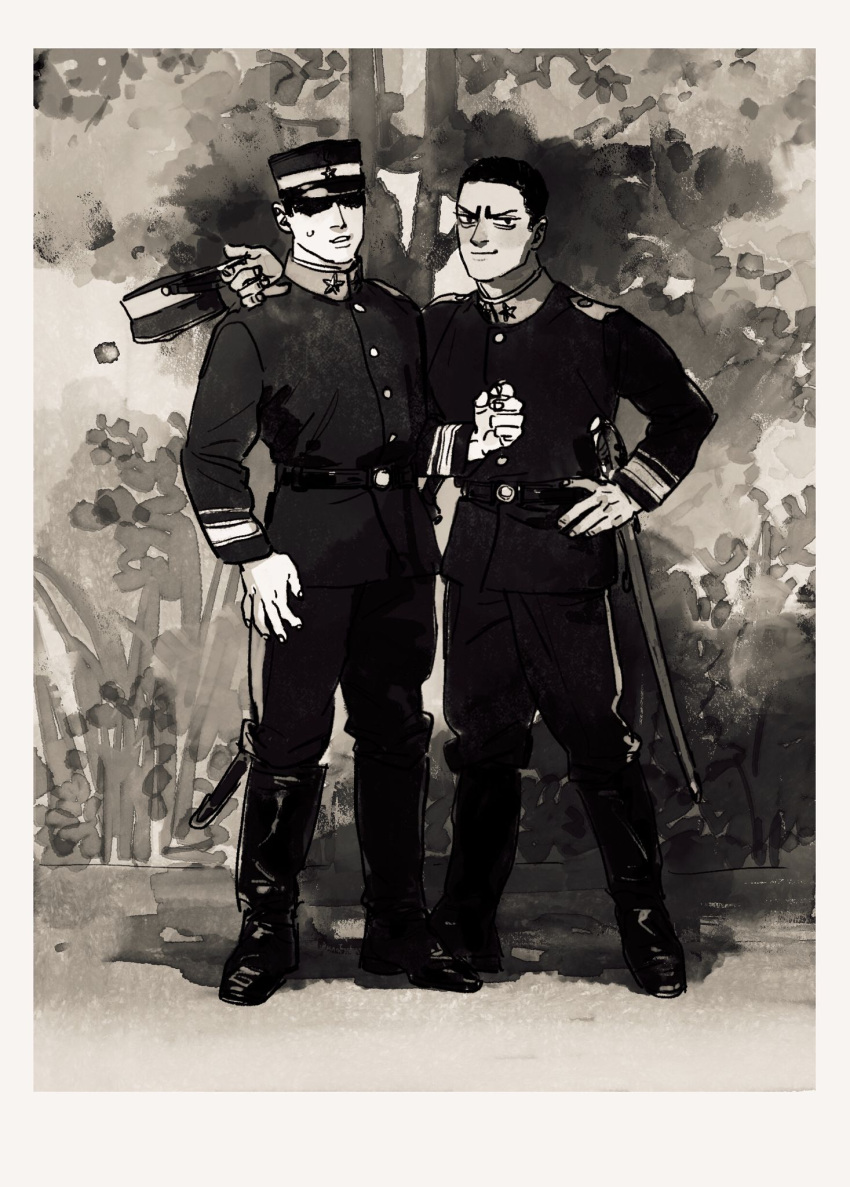 2boys alternate_hairstyle black_eyes boots buzz_cut chengongzi123 closed_mouth full_body golden_kamuy grey_background greyscale hand_on_another's_shoulder hand_on_own_hip hand_up hat highres koito_otonoshin long_sleeves looking_at_viewer male_focus military_hat military_uniform monochrome multiple_boys outdoors short_hair smirk standing sword uniform very_short_hair weapon