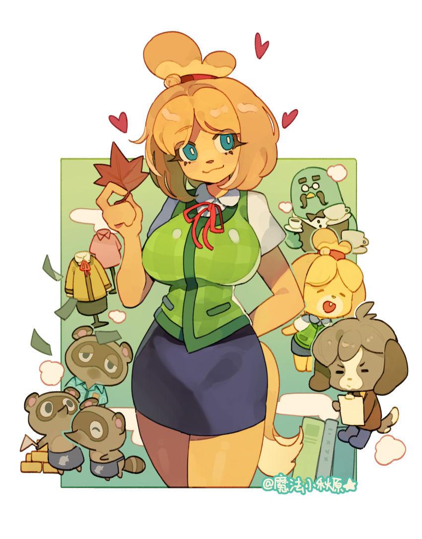 1girl 5boys :3 ahoge animal_crossing animal_ears animal_nose arm_behind_back bell bird black_bow black_bowtie black_vest blonde_hair blue_eyes blue_skirt bow bowtie brewster_(animal_crossing) brown_hair chibi clipboard closed_eyes closed_mouth coffee coffee_cup collared_shirt colored_skin cup digby_(animal_crossing) disposable_cup dog_boy dog_ears dog_girl dog_tail facial_hair flag furry furry_female furry_male glasses green_vest hair_bell hair_ornament hair_tie heart highres holding holding_clipboard holding_cup holding_flag holding_leaf isabelle_(animal_crossing) leaf magic_qy medium_hair money_rain multiple_boys mustache necktie open_mouth pencil_skirt pigeon raccoon_boy red_necktie shirt short_hair short_sleeves single_tooth skirt tail tanuki timmy_(animal_crossing) tom_nook_(animal_crossing) tommy_(animal_crossing) topknot vest white_shirt yellow_skin