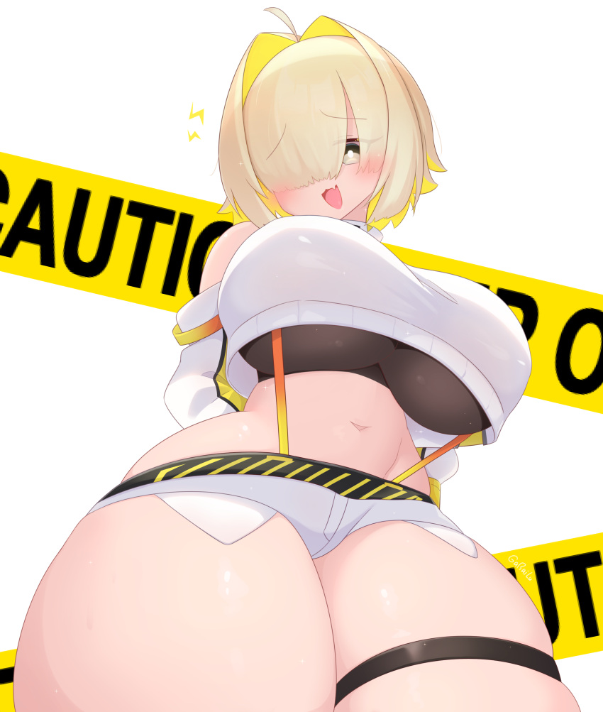 1girl absurdres arm_guards belt blonde_hair blush breasts clothing_cutout crop_top crop_top_overhang elegg_(nikke) gabai goddess_of_victory:_nikke grey_shorts hair_intakes hair_over_eyes highres large_breasts long_bangs long_sleeves micro_shorts midriff navel open_mouth plump purple_eyes shorts shoulder_cutout smile solo thighs