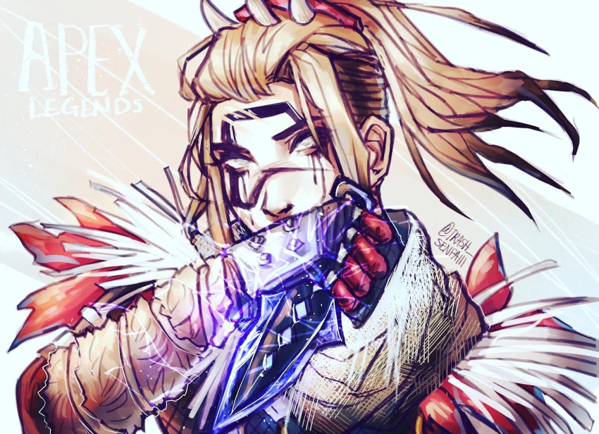 1girl apex_legends artist_name blonde_hair copyright_name electricity english_commentary facepaint grey_eyes grey_scarf hair_behind_ear holding holding_knife knife kunai long_hair looking_at_viewer night_terror_wraith nina_liu official_alternate_costume ponytail portrait scarf solo undercut weapon wraith_(apex_legends)