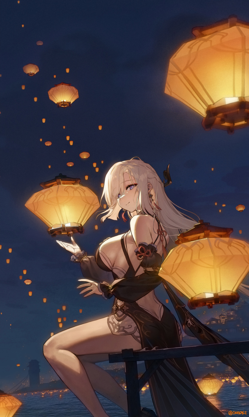 1girl bare_shoulders black_dress blue_eyes breasts detached_sleeves dress genshin_impact grey_hair hair_ornament hair_over_one_eye highres lantern large_breasts long_hair long_sleeves looking_at_viewer night night_sky official_alternate_costume ongdal2 paper_lantern shenhe_(frostflower_dew)_(genshin_impact) shenhe_(genshin_impact) sitting sky sleeveless sleeveless_dress smile solo thighs very_long_hair white_hair