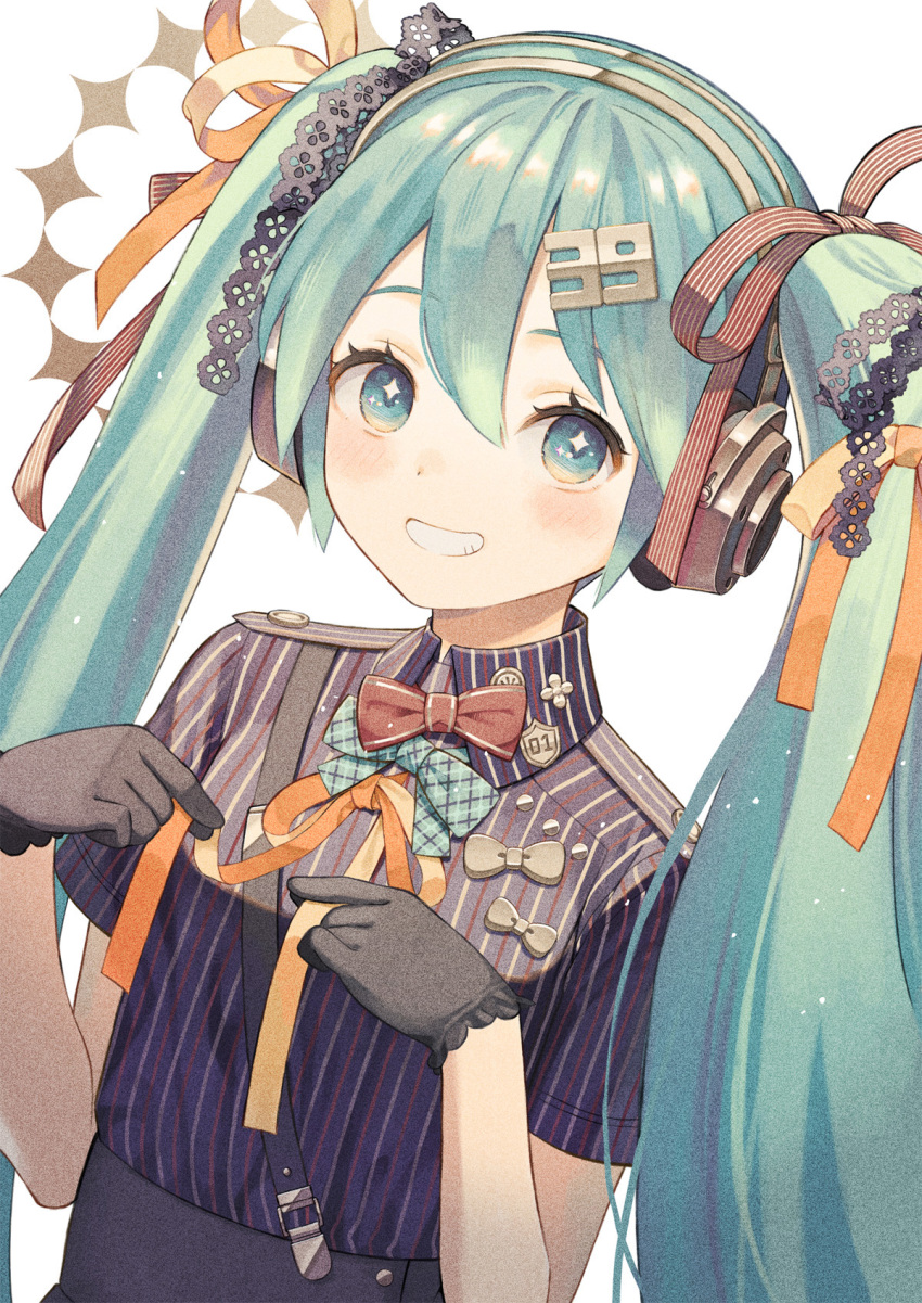 1girl 39 blue_eyes blue_hair bow bowtie collared_shirt gloves grin hair_ornament hair_ribbon hatsune_miku headphones highres holding holding_ribbon long_hair looking_at_viewer miku_day original-orange-610917 ribbon shirt smile solo striped_clothes striped_shirt twintails vertical-striped_clothes vertical-striped_shirt vocaloid