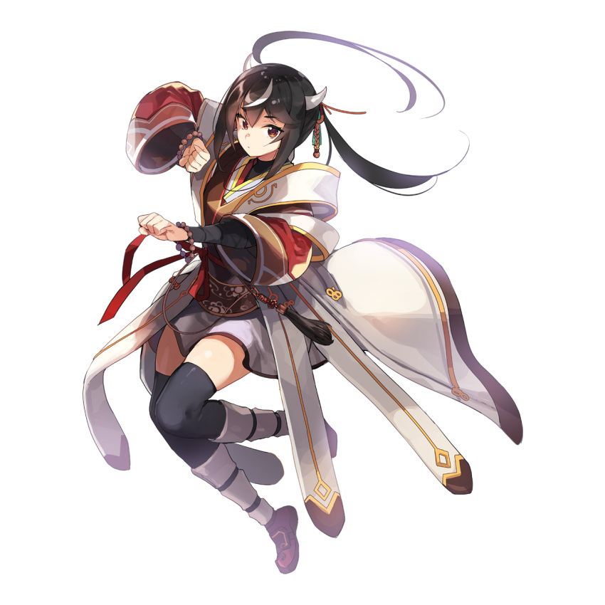 1girl arm_wrap bead_bracelet beads black_hair black_thighhighs bracelet breasts brown_eyes brown_footwear brown_shirt clenched_hands closed_mouth coat expressionless fighting_stance full_body grey_horns grey_skirt highres horns jewelry leona_(pixiv) long_hair long_sleeves looking_at_viewer official_art open_clothes open_coat ragnarok_online shin_guards shirt simple_background skirt sky_emperor_(ragnarok_online) small_breasts solo tachi-e tassel thighhighs transparent_background white_coat