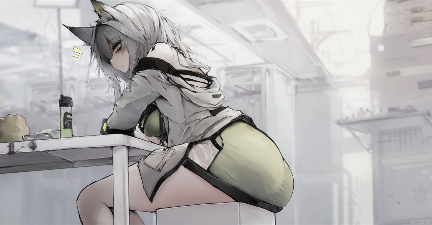 1girl animal_ears arknights ass back bags_under_eyes bare_shoulders breasts commentary drink english_commentary green_eyes grey_hair highres jacket kal'tsit_(arknights) long_hair looking_at_viewer material_growth off_shoulder oripathy_lesion_(arknights) paid_reward_available rkzrok sitting solo variant_set