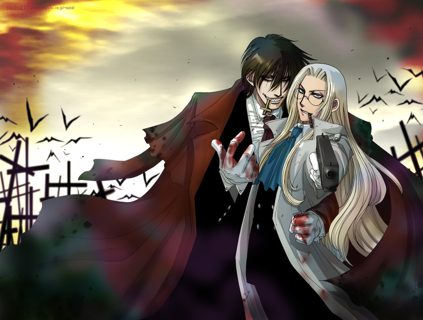 1boy 1girl aiming aiming_at_viewer alucard_(hellsing) arm_around_waist artist_name ascot black_hair blonde_hair blood blood_on_hands blue_ascot blue_eyes cigar coat coat_on_shoulders commentary_request cross gloves grin gun hellsing highres holding holding_gun holding_weapon integra_hellsing mouth_hold red_ascot red_coat red_eyes sharp_teeth simple_bat smile smoking teeth toshimichi_yukari weapon web_address white_coat white_gloves