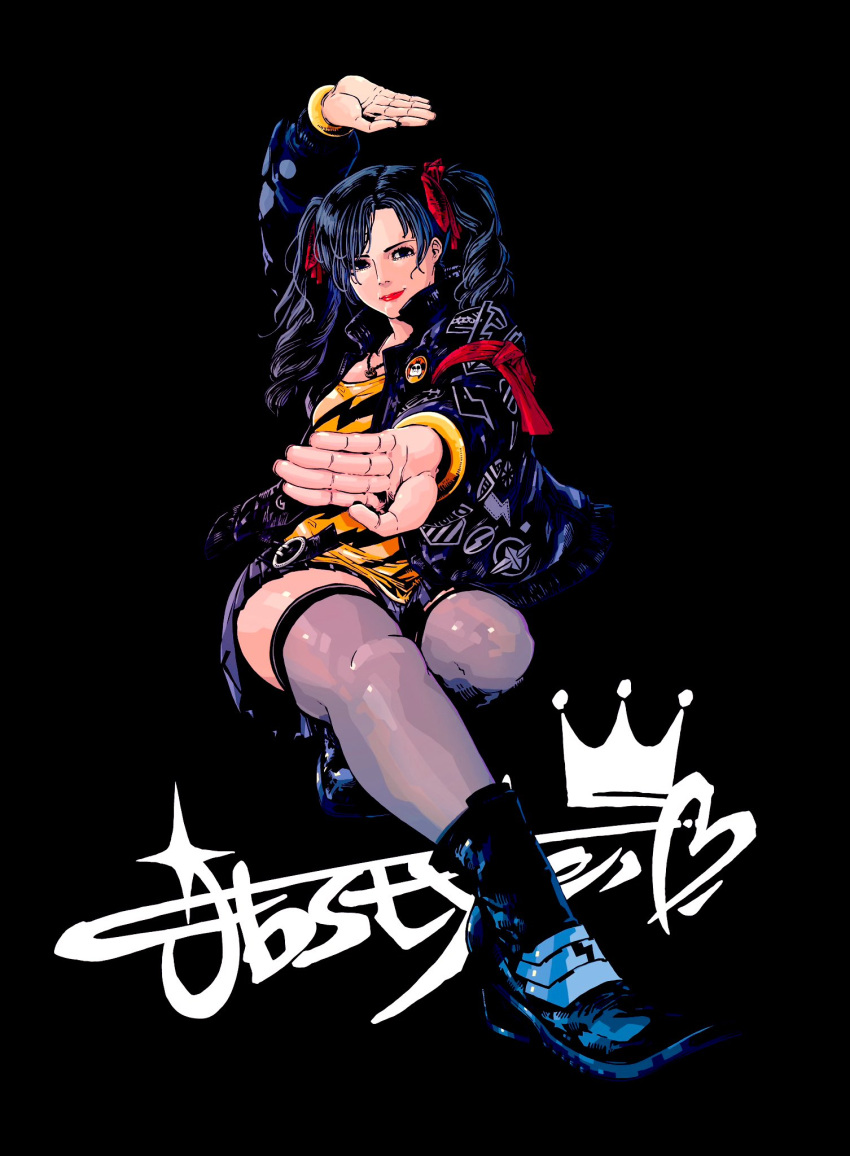 arm_up artist_logo black_eyes black_footwear black_hair black_jacket black_shirt black_skirt collarbone collared_jacket fighting_stance highres jacket jbstyle jewelry ling_xiaoyu necklace outstretched_arms print_jacket red_lips shirt short_twintails signature simple_background skirt smile striped_clothes striped_shirt tekken thighhighs twintails yellow_shirt