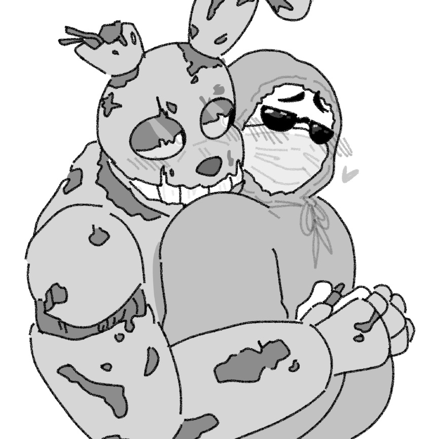 2024 anthro biped blush clothing duo face_mask five_nights_at_freddy's five_nights_at_freddy's_3 heart_symbol hi_res hoodie hug hugging_from_behind human kwite_(youtuber) looking_at_another looking_at_partner male male/male mammal monochrome mr_pumpg muscular muscular_anthro muscular_male pregnant pregnant_male scottgames springtrap_(fnaf) sunglasses_on_face topwear