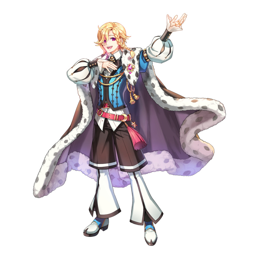 1boy arm_up belt blonde_hair blue_footwear blue_vest bow bowtie braid brown_bow brown_bowtie brown_cape brown_shorts buttons cape collared_shirt crescent crescent_pin full_body fur-trimmed_cape fur_trim hair_between_eyes hand_on_own_chest highres leona_(pixiv) long_sleeves looking_at_viewer loose_belt male_focus medium_bangs medium_hair official_art open_mouth pants pants_under_shorts pink_eyes puffy_long_sleeves puffy_sleeves ragnarok_online red_belt shirt shoes shorts side_braid simple_background single_braid smile solo standing tachi-e tassel teeth transparent_background troubadour_(ragnarok_online) two-tone_footwear upper_teeth_only vest white_footwear white_pants white_shirt