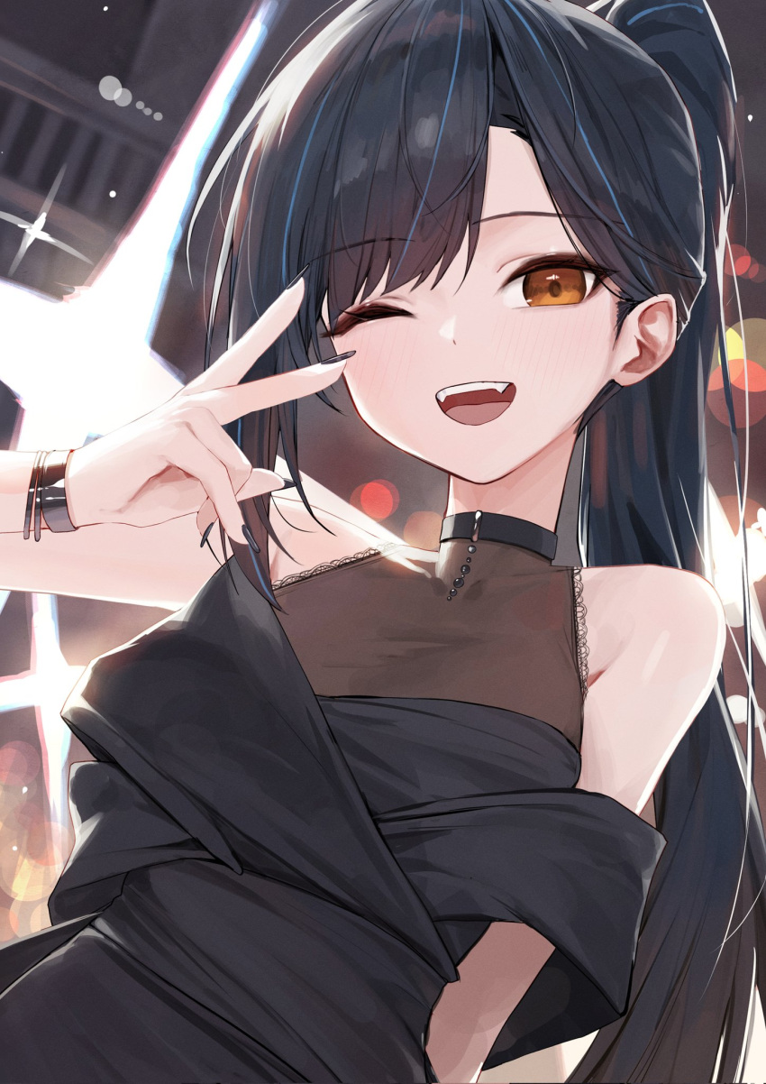 1girl :d arm_at_side bare_shoulders black_bodysuit black_choker black_dress black_hair black_nails blue_hair blush bodysuit bracelet choker covered_collarbone dress dutch_angle gnns hand_up high_ponytail highres jewelry long_hair looking_at_viewer multicolored_hair nail_polish one_eye_closed open_mouth orange_eyes original parted_bangs sidelocks smile solo strapless strapless_dress streaked_hair teeth upper_teeth_only v_over_eye