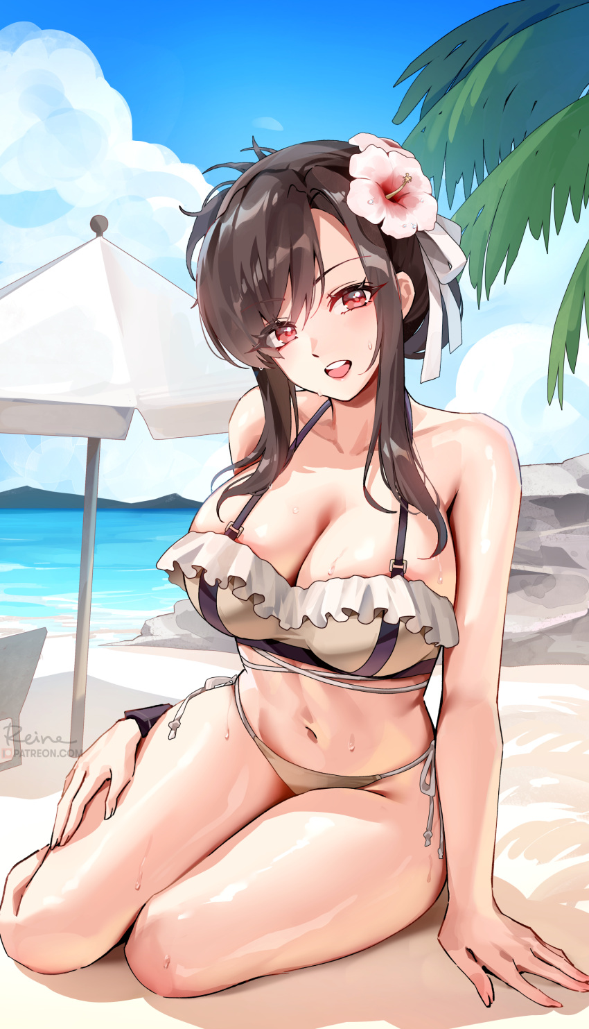 1girl absurdres arm_support bare_shoulders beach beach_umbrella bikini black_hair blue_sky breasts brown_bikini cleavage cloud cloudy_sky commentary day final_fantasy final_fantasy_vii final_fantasy_vii_rebirth final_fantasy_vii_remake flower folded_ponytail foxyreine frilled_bikini frills hair_flower hair_ornament highres large_breasts looking_at_viewer mountainous_horizon navel ocean official_alternate_costume official_alternate_hairstyle open_mouth outdoors palm_leaf parted_bangs red_eyes side-tie_bikini_bottom sidelocks sitting sky smile solo stomach swimsuit teeth thighs tifa_lockhart umbrella upper_teeth_only water white_flower yokozuwari