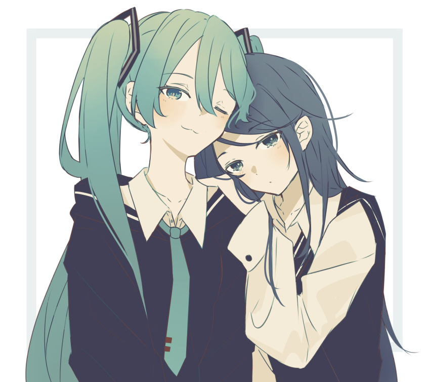 2girls :3 black_eyes black_sailor_collar black_sweater black_sweater_vest blue_eyes blue_hair blue_necktie blush closed_mouth collared_shirt dot_mouth hair_between_eyes hatsune_miku highres hoshino_ichika_(project_sekai) inset_border leaning_on_person leaning_to_the_side long_hair long_sleeves looking_at_viewer multiple_girls necktie one_eye_closed outside_border project_sekai ritzchrono sailor_collar shirt sidelocks simple_background smile sweater sweater_vest tie_clip twintails upper_body very_long_hair vocaloid white_background white_shirt