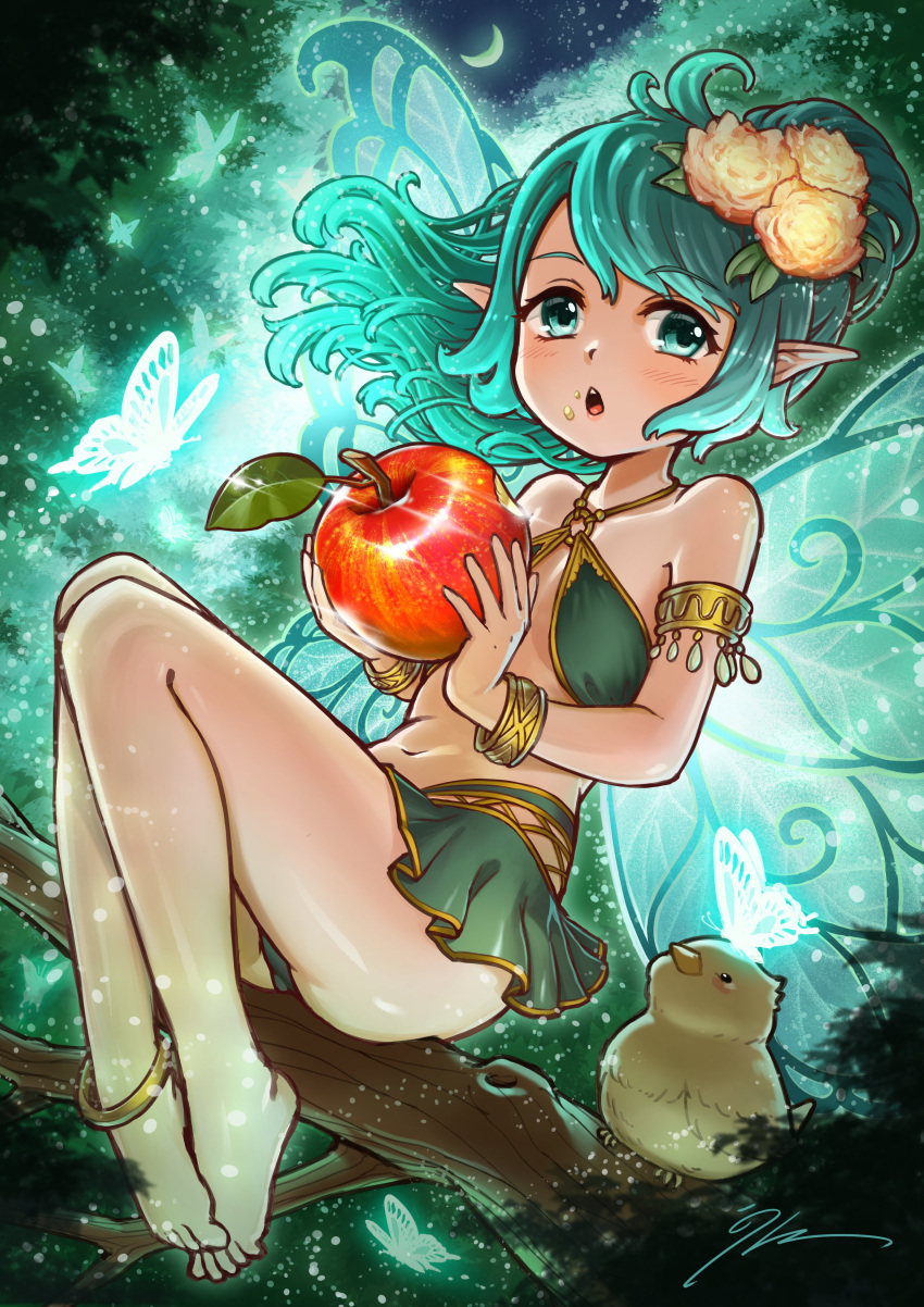 1girl absurdres anklet apple aqua_eyes aqua_hair bird bracelet branch breasts bug butterfly commentary_request crescent_moon fairy fairy_wings flower food food_on_face fruit full_body hair_flower hair_ornament highres holding holding_food holding_fruit jewelry miniskirt moon o-ring o-ring_top open_mouth original pointy_ears ponytail signature sitting skirt small_breasts solo tree unpopin wings