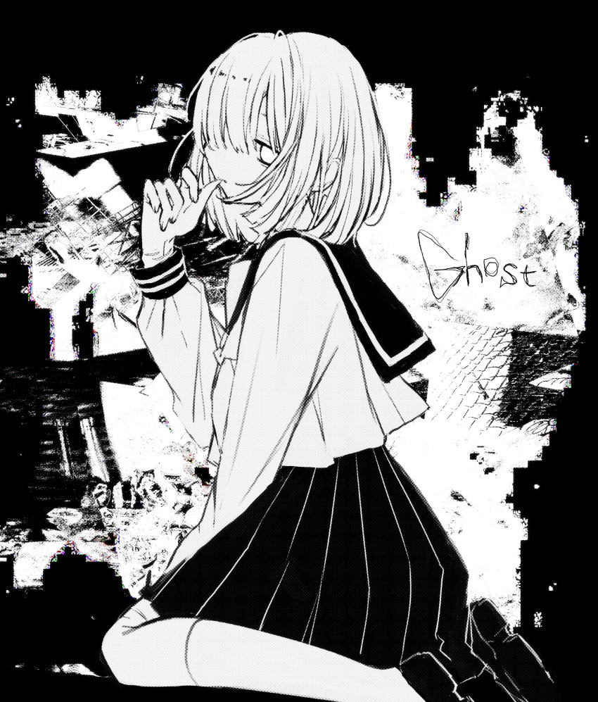 1girl absurdres bags_under_eyes biting_own_finger empty_eyes english_text greyscale hair_over_one_eye hand_up highres kneehighs loafers long_sleeves medium_hair monochrome noroi_(rnatataki) one_eye_covered original pleated_skirt sailor_collar school_uniform self-harm_scar serafuku shirt shoes sitting skirt socks solo