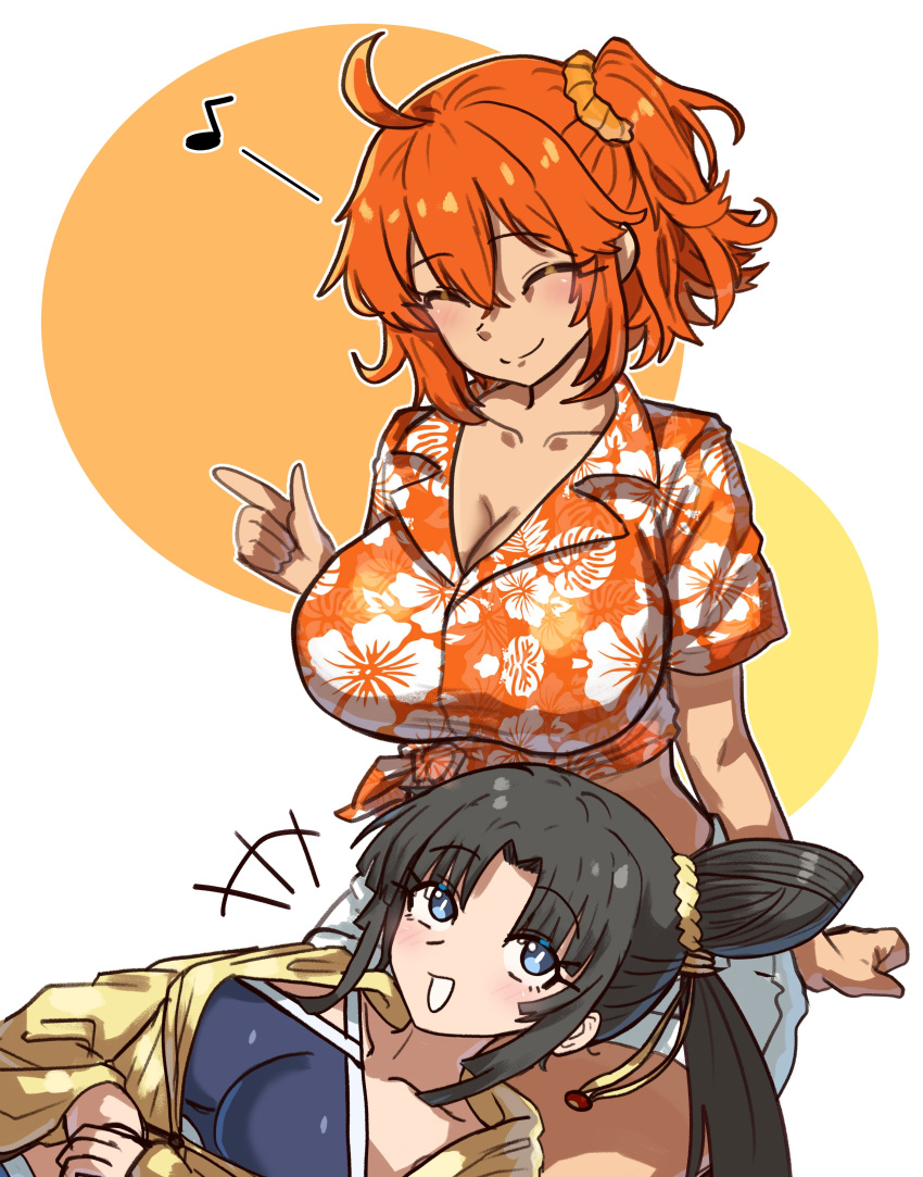 2girls absurdres bikini black_hair blue_bikini blue_eyes blush breasts cleavage closed_eyes closed_mouth collarbone ebora fate/grand_order fate_(series) fujimaru_ritsuka_(female) fujimaru_ritsuka_(female)_(tropical_summer) hair_bun hair_ornament hair_scrunchie hawaiian_shirt highres index_finger_raised jacket lap_pillow large_breasts long_hair long_sleeves multiple_girls musical_note open_mouth orange_hair orange_shirt parted_bangs scrunchie shirt shorts side_ponytail sidelocks single_side_bun smile swimsuit ushiwakamaru_(fate) ushiwakamaru_(swimsuit_assassin)_(fate) ushiwakamaru_(swimsuit_assassin)_(first_ascension)_(fate) very_long_hair white_shorts yellow_jacket