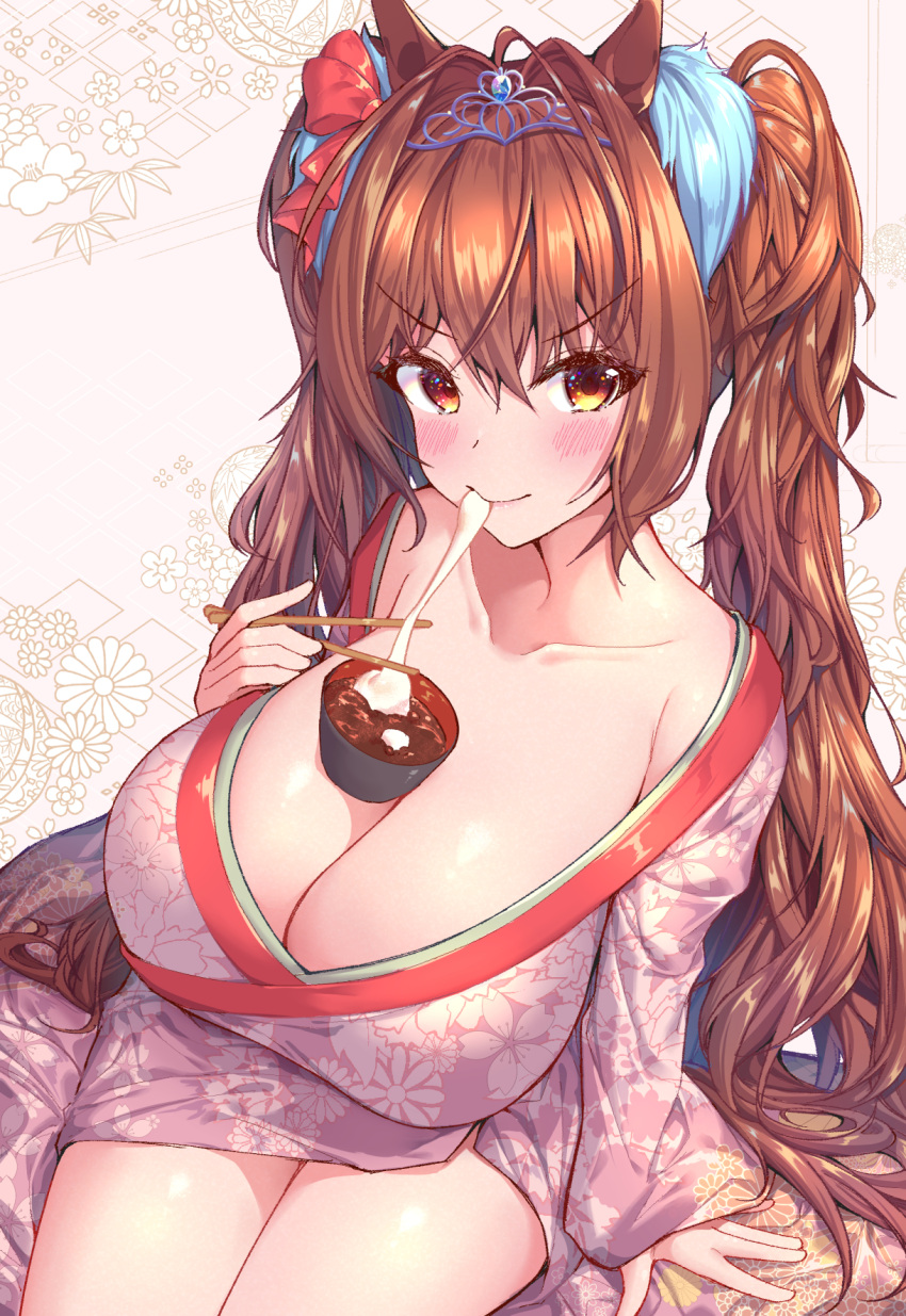 1girl animal_ears blush breasts brown_eyes brown_hair cleavage collarbone daiwa_scarlet_(umamusume) eating floral_print from_above hair_intakes hair_tie highres hikotou_(sao73cat) horse_ears huge_breasts japanese_clothes kimono long_hair long_sleeves looking_at_viewer open_clothes open_kimono pink_kimono sitting solo tiara twintails umamusume