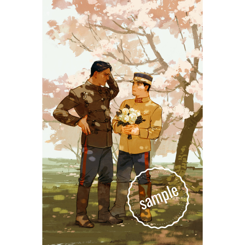 2boys absurdres arm_behind_head arm_up black_hair boots bouquet brown_footwear brown_jacket chengongzi123 cherry_blossoms closed_eyes couple dark-skinned_male dark_skin english_commentary facing_another flower full_body golden_kamuy grin hand_on_own_hip hands_up highres holding holding_bouquet jacket koito_otonoshin long_sleeves male_focus military_uniform multiple_boys outdoors sample_watermark smile standing tree tsukishima_hajime uniform watermark white_flower yaoi
