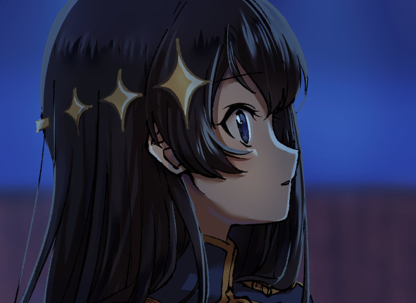 1girl black_hair blue_eyes blue_jacket blurry blurry_background epaulettes from_side hair_between_eyes hair_ornament highres indoors jacket kagura_hikari long_hair looking_ahead nori_(cheiwbciwkxbdjr) parted_lips portrait profile shoujo_kageki_revue_starlight solo sparkle_hair_ornament