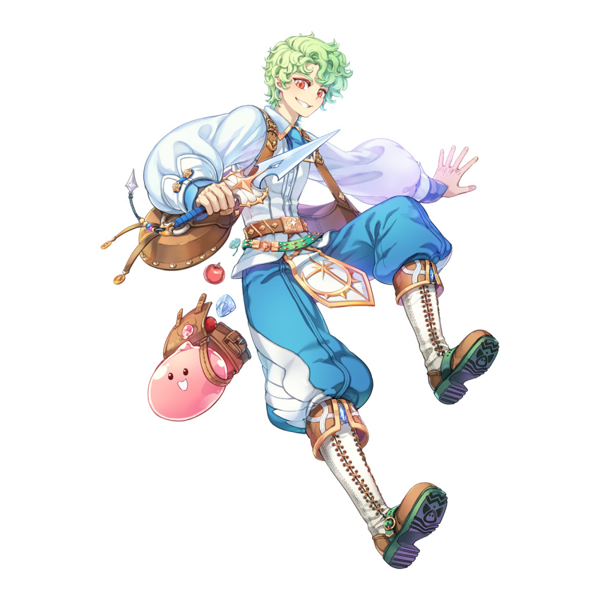 1boy apple backpack bag bag_charm belt blue_necktie blue_pants boots brown_bag brown_belt charm_(object) collared_shirt colored_shoe_soles curly_hair dagger fold-over_boots food fruit full_body gold_trim green_hair grin highres holding holding_dagger holding_knife holding_weapon hyper_novice_(ragnarok_online) knife leona_(pixiv) long_sleeves looking_at_viewer male_focus medium_bangs necktie official_art orange_eyes pants pants_tucked_in poring puffy_long_sleeves puffy_sleeves ragnarok_online shirt short_hair short_necktie simple_background slime_(creature) smile solo tachi-e transparent_background weapon white_footwear white_shirt