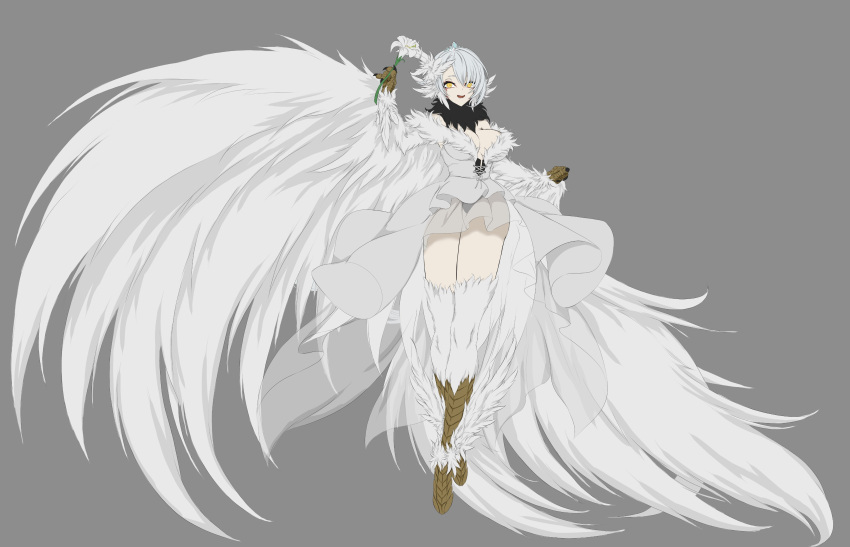 1girl absurdres animal_ears animal_hands bird_ears bird_legs breasts claws commission dress english_commentary fchimaera feathered_wings feathers flower grey_background harpy highres holding holding_flower large_breasts mixed-language_commentary monster_girl neck_fur open_mouth original simple_background solo tiara white_dress white_feathers white_flower white_wings winged_arms wings yellow_eyes