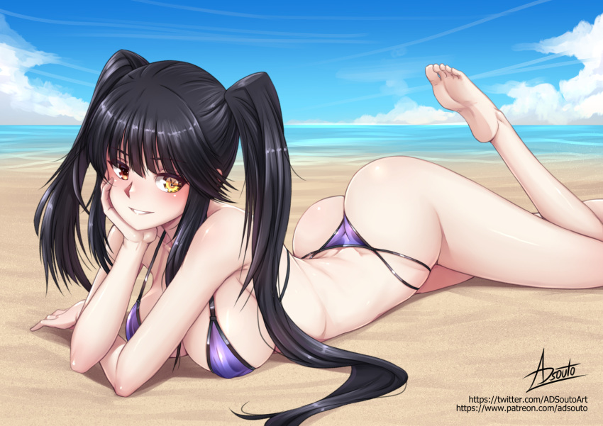 1girl adsouto asymmetrical_hair barefoot beach bikini black_hair clock_eyes collarbone date_a_live grin head_rest heterochromia highres long_hair looking_at_viewer lying ocean on_stomach red_eyes signature smile solo string_bikini swimsuit symbol-shaped_pupils tokisaki_kurumi twintails uneven_twintails variant_set yellow_eyes