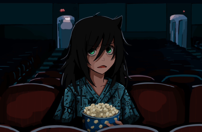 1girl :&lt; bags_under_eyes black_hair chair collarbone commentary cross_print dark doorway food green_eyes green_kimono hair_between_eyes highres holding holding_food japanese_clothes kimono kuroki_tomoko kurokimoko long_bangs long_hair looking_at_viewer messy_hair movie_theater on_chair open_mouth parted_lips popcorn sitting solo symbol-only_commentary upper_body v-shaped_eyebrows watashi_ga_motenai_no_wa_dou_kangaetemo_omaera_ga_warui!