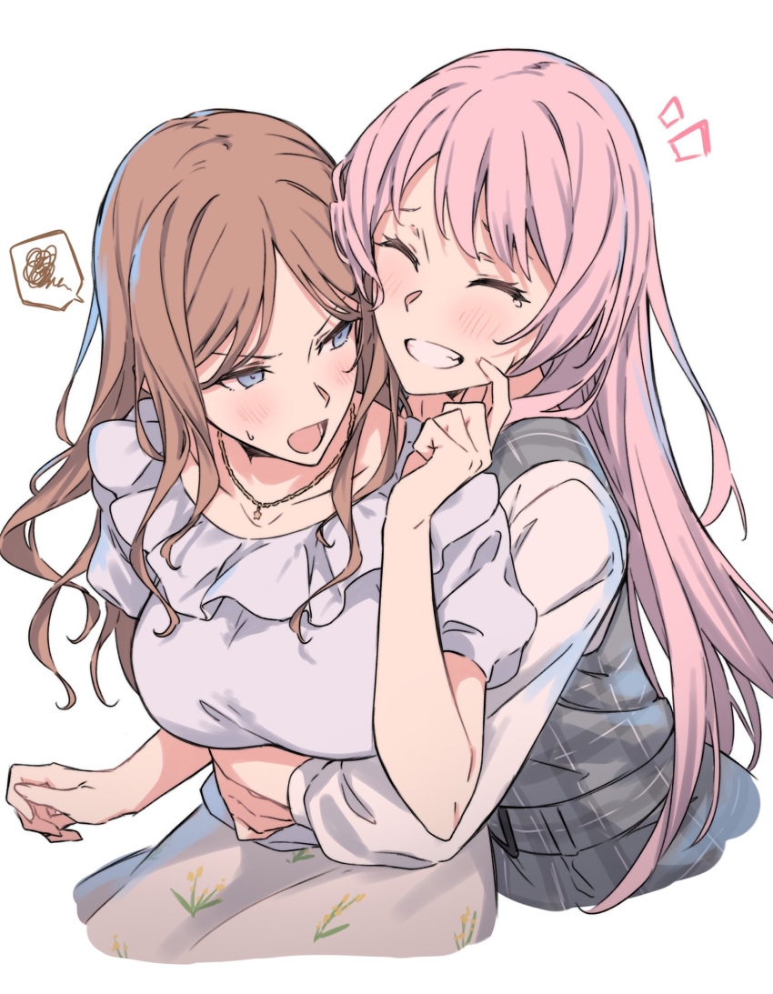 2girls :d ^_^ angry bang_dream! blue_eyes blue_shirt blush breasts brown_hair buckle chihaya_anon closed_eyes collarbone dress frilled_shirt_collar frills highres hug hug_from_behind jewelry long_hair long_sleeves multiple_girls nagasaki_soyo necklace parted_bangs pinafore_dress pink_hair plaid plaid_dress pleated_shirt pleated_skirt puffy_short_sleeves puffy_sleeves shirt shirt_tucked_in short_sleeves simple_background skirt sleeveless sleeveless_dress smile sou_(user_hgyh8775) white_background white_shirt yuri