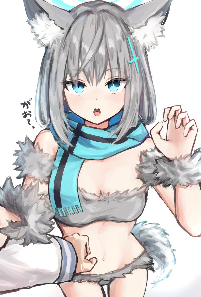 1girl absurdres alternate_costume animal_ear_fluff animal_ears bare_shoulders bikini blue_archive blue_eyes blue_halo blue_scarf breasts bright_pupils caffeinechara cleavage cross_hair_ornament fur_bikini grey_bikini grey_hair hair_ornament halo highres looking_at_viewer medium_breasts navel open_mouth scarf shiroko_(blue_archive) simple_background solo_focus swimsuit tail teeth thighs upper_teeth_only white_background white_pupils