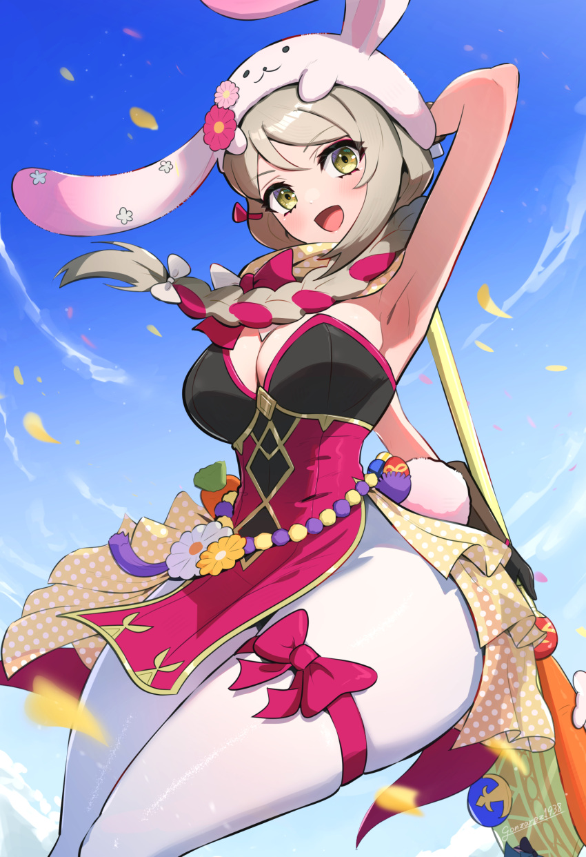 1girl absurdres animal_ears animal_hat ankle_ribbon anklet armpits axe bare_arms blue_sky blush braid braided_ponytail breasts brown_eyes brown_hair carrot easter easter_egg egg falling_petals fire_emblem fire_emblem_engage fire_emblem_heroes flower_ornament framme_(fire_emblem) framme_(spring)_(fire_emblem) gonzarez hat highres holding holding_axe jewelry leg_ribbon looking_at_viewer multicolored_hair open_mouth pantyhose petals rabbit_ears rabbit_hat rabbit_tail ribbon sky smile solo tail two-tone_hair white_pantyhose