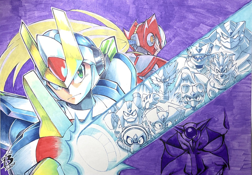 6+boys anniversary arm_blade arm_cannon armor artist_logo blade_armor_x_(mega_man) blaze_heatnix_(mega_man) blizzard_wolfang_(mega_man) blonde_hair blue_eyes blue_headwear commander_yammark_(mega_man) dated energy_sword forehead_jewel from_behind green_eyes ground_scaravich_(mega_man) helmet highres infinity_mijinion long_hair mega_man_(series) mega_man_x_(series) metal_shark_player_(mega_man) multiple_boys non-humanoid_robot pn13ban ponytail purple_background rainy_turtloid_(mega_man) red_headwear robot robot_animal robot_fish sharp_teeth shield_sheldon shoulder_armor sigma_(mega_man) sword teeth traditional_media upper_body weapon white_armor white_headwear x_(mega_man) zero_(mega_man)