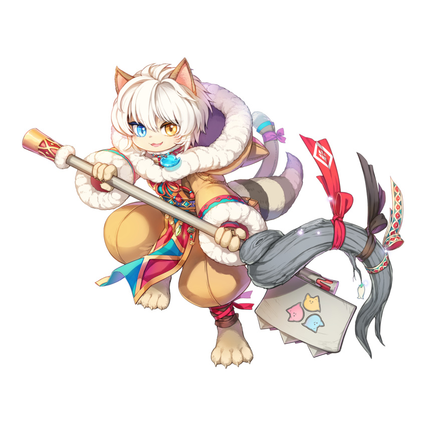 1boy animal_ears animal_hood barefoot belt blue_belt blue_eyes bow brown_coat brown_pants cat_boy cat_ears cat_hood cat_tail coat full_body fur_coat furry furry_male hair_between_eyes heterochromia highres holding holding_staff hood hooded_coat jewelry leona_(pixiv) long_sleeves looking_at_viewer magatama magatama_necklace male_focus medium_bangs neck_ribbon necklace official_art open_mouth pants pelvic_curtain purple_bow ragnarok_online red_ribbon ribbon short_hair simple_background smile solo spirit_handler_(ragnarok_online) staff tachi-e tail tail_bow tail_ornament tassel transparent_background whiskers white_hair yellow_eyes