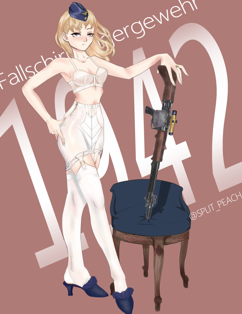 1942 1girl absurdres assault_rifle bangs bare_shoulders battle_rifle blonde_hair blue_headwear blush bra breasts closed_mouth collarbone eyebrows_visible_through_hair fg42 fg42_(girls'_frontline) full_body garter_straps german_text girls'_frontline grey_eyes gun hand_on_hip hat highres holding holding_gun holding_weapon jewelry long_hair looking_at_viewer military_hat rifle ring simple_background solo split_peach standing thighhighs twitter_username underwear vintage_clothes weapon white_bra white_legwear