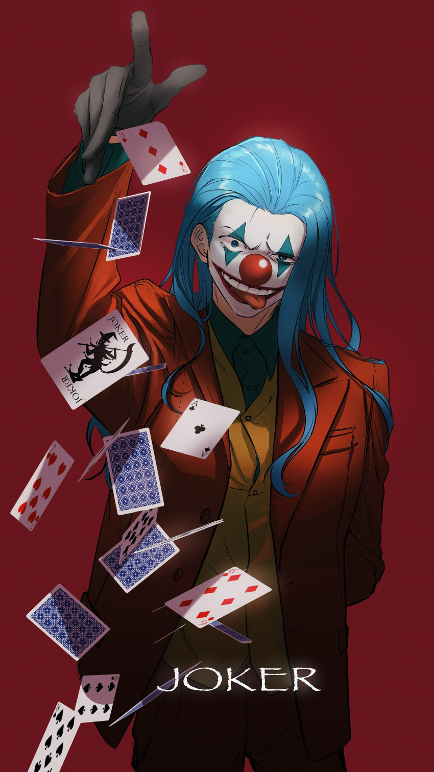 absurdres arm_behind_back batman_(series) black_gloves blue_eyes blue_hair buggy_the_clown card cosplay cowboy_shot dc_comics english_commentary floating_card gloves hair_slicked_back highres joker_(dc) joker_(dc)_(cosplay) long_hair looking_at_viewer makeup one_piece pants red_background red_lips red_nose rokurnshu003 smile suit tongue tongue_out waistcoat