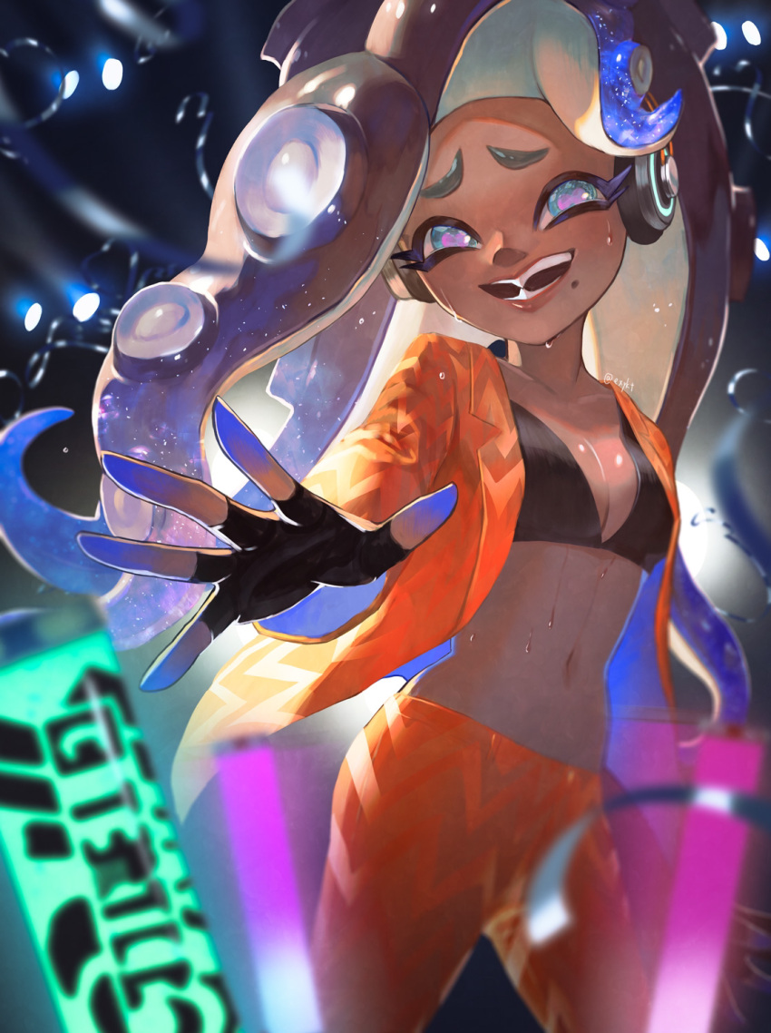 1girl air_bubble aqua_eyes black_bra black_gloves blue_hair bra breasts brown_hair bubble cephalopod_eyes cleavage commentary dark-skinned_female dark_skin fangs fingerless_gloves gloves glowstick gradient_hair headphones highres jacket long_hair marina_(splatoon) midriff mole mole_under_mouth multicolored_hair navel octoling open_clothes open_jacket open_mouth orange_jacket orange_pants pants penlight_(glowstick) reaching reaching_towards_viewer sizu small_breasts solo splatoon_(series) splatoon_3 suction_cups sweat symbol-only_commentary tentacle_hair twitter_username two-tone_hair underwear