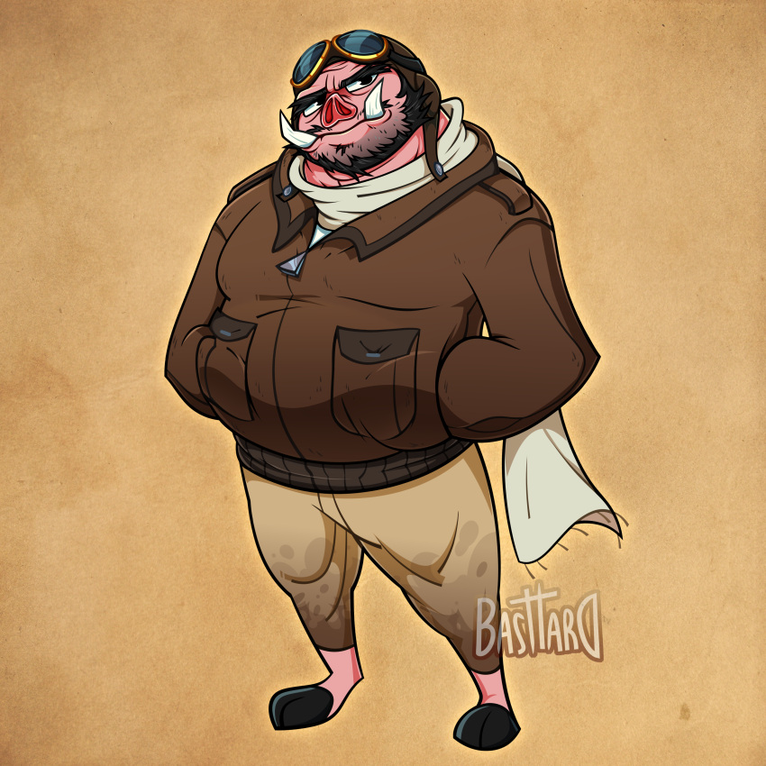 2023 absurd_res anthro aviator_cap aviator_goggles barefoot basttard bear biped black_bear black_eyebrows black_eyes black_hooves bomber_jacket bottomwear brown_clothing brown_jacket brown_topwear clothed clothed_anthro clothed_male clothing cloven_hooves domestic_pig dungeons_and_dragons eyebrows eyewear eyewear_on_head facial_hair feet fully_clothed fully_clothed_anthro fully_clothed_male goggles goggles_on_head hand_in_pocket hasbro head_tilt hi_res hooves jacket long_sleeves looking_aside male male_anthro mammal mouth_closed overweight overweight_anthro overweight_male pants pilot pink_body pink_nose pink_skin pockets scarf shirt signature simple_background solo suid suina sus_(pig) tan_background tan_bottomwear tan_clothing tan_pants topwear tusks unguligrade ursine watermark white_clothing white_scarf white_shirt white_topwear white_tusks wizards_of_the_coast zipper