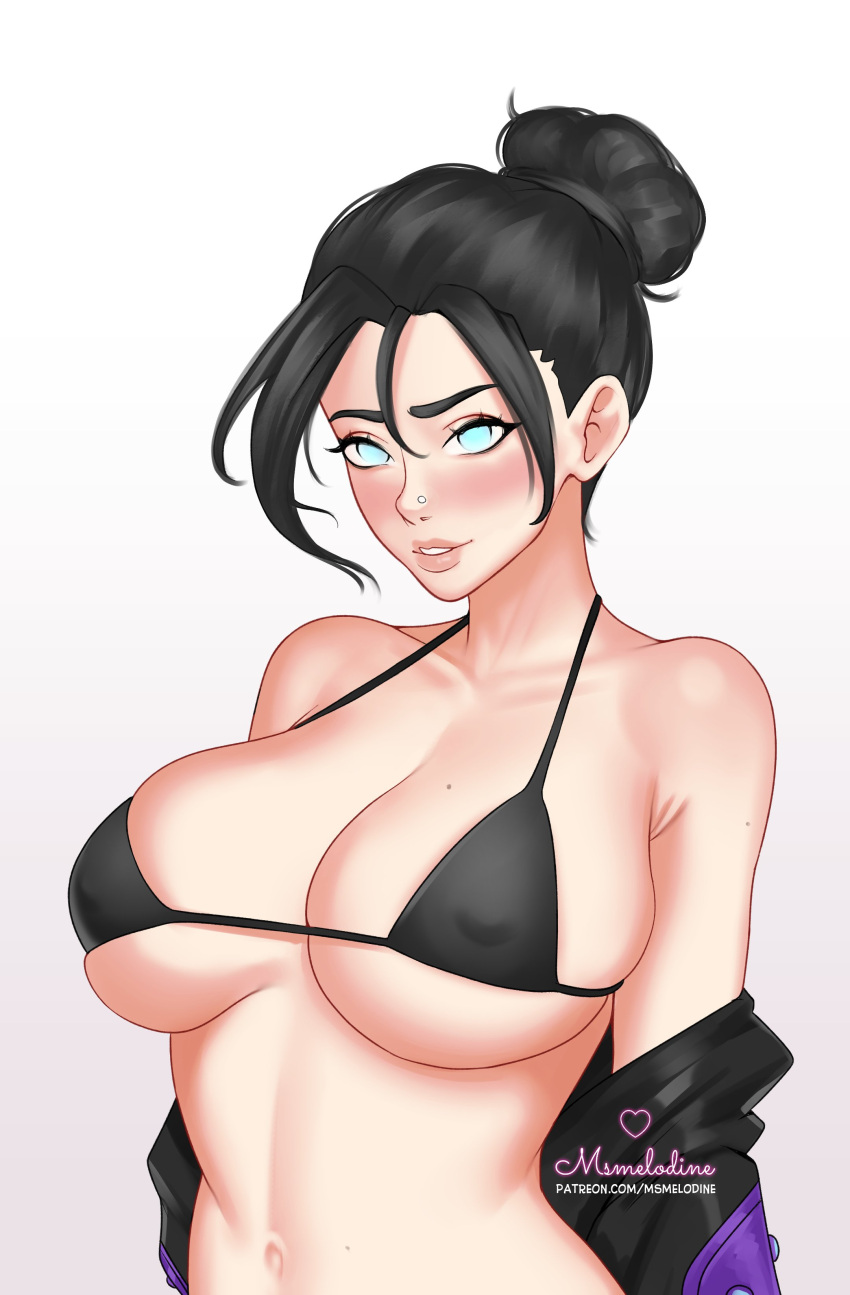 1girl absurdres apex_legends artist_name bikini black_bikini black_jacket blue_eyes blush covered_nipples earrings hair_behind_ear hair_bun heart highres jacket jewelry looking_at_viewer ms_melodine navel off_shoulder parted_lips ponytail single_hair_bun smile solid_eyes solo swimsuit upper_body web_address white_background wraith_(apex_legends)