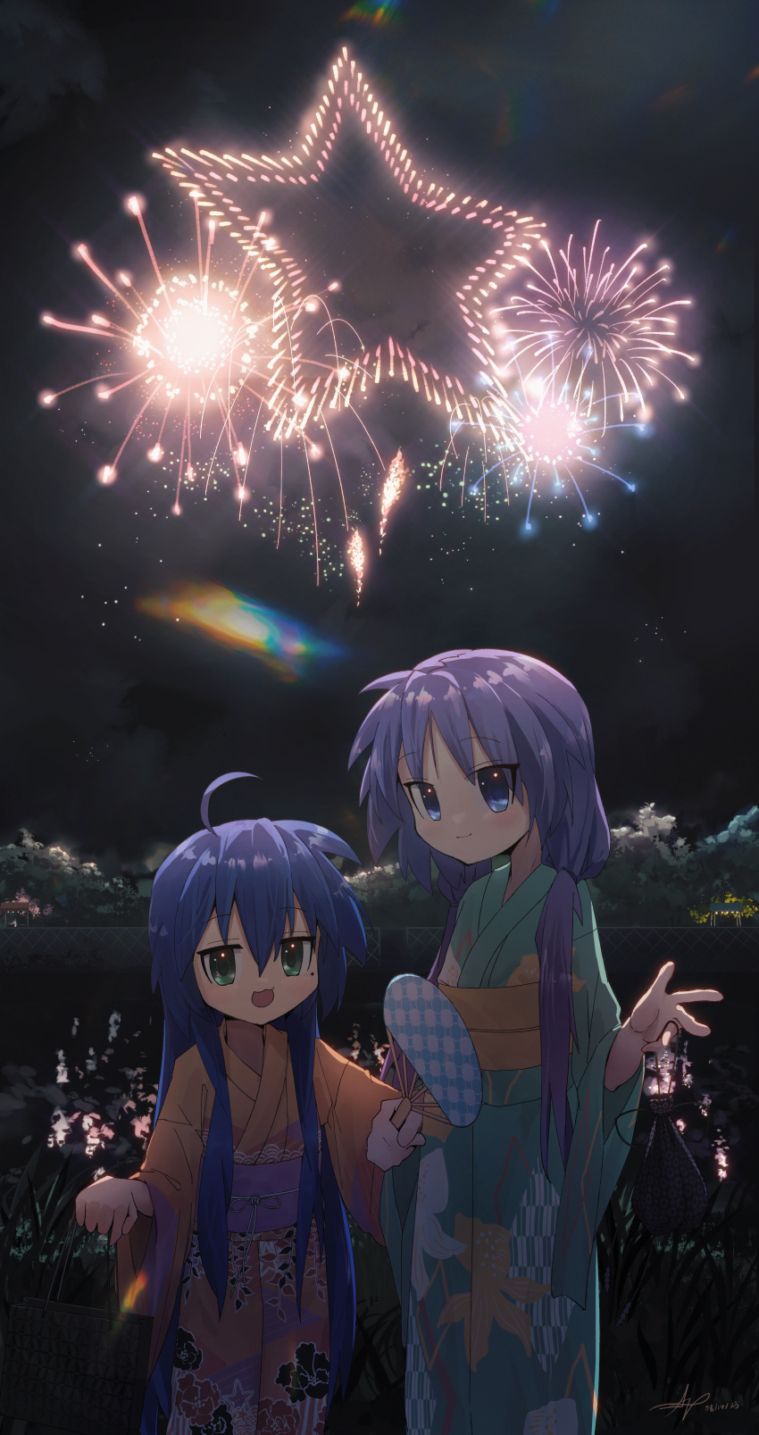 2girls absurdres aerial_fireworks ahoge ap04astral bag blue_eyes blue_hair dated fireworks floral_print green_eyes green_kimono hand_fan height_difference highres hiiragi_kagami holding holding_bag holding_fan izumi_konata japanese_clothes kimono kinchaku long_hair low_twintails lucky_star mole mole_under_eye multiple_girls night night_sky obi open_mouth paper_fan pouch purple_hair sash signature sky twintails uchiwa very_long_hair yellow_kimono yukata