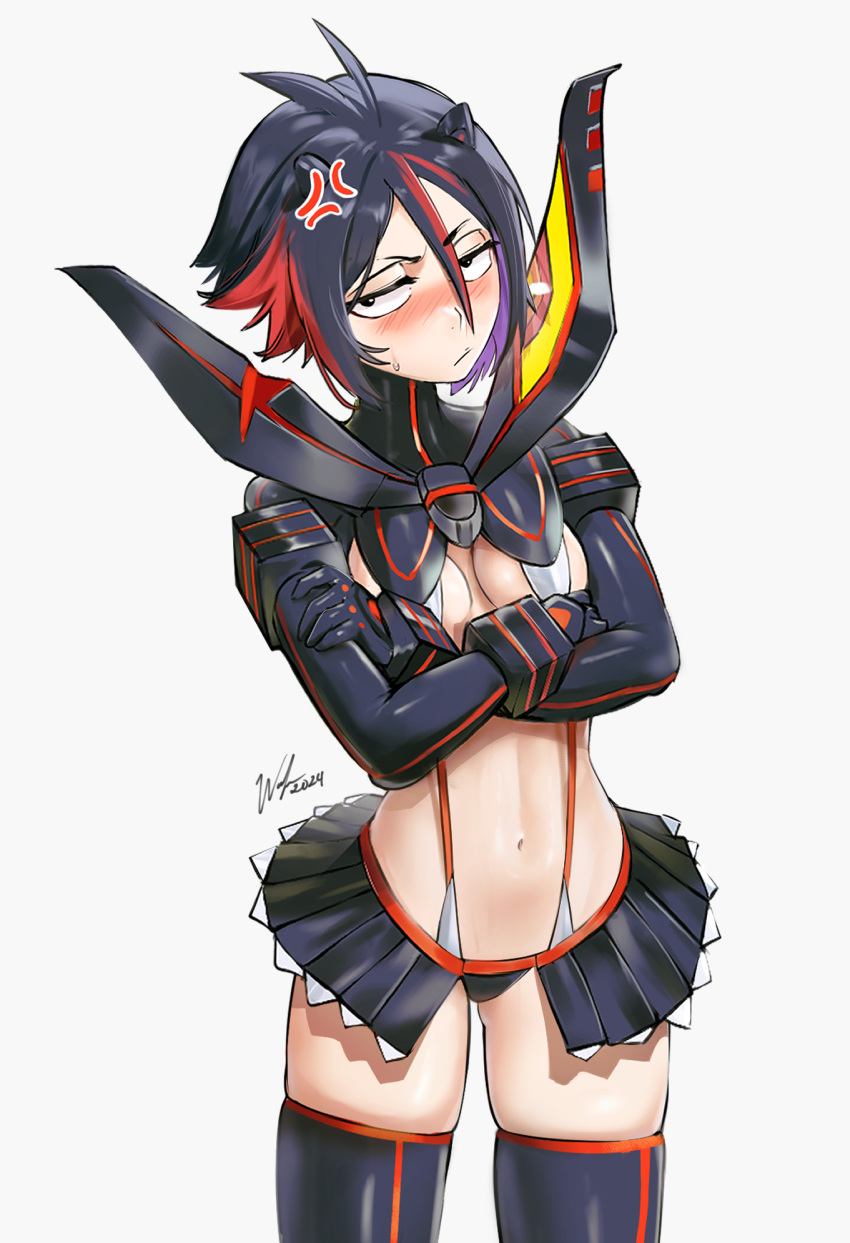 1girl anger_vein annoyed black_hair bleach blush breasts cosplay crossed_arms embarrassed frown gloves hair_between_eyes highres kill_la_kill kuchiki_rukia looking_at_viewer midriff multicolored_hair navel purple_eyes purple_hair red_hair senketsu senketsu_(cosplay) short_hair signature skindentation skirt small_breasts solo standing suspenders sweatdrop thighhighs thighs waligner white_background