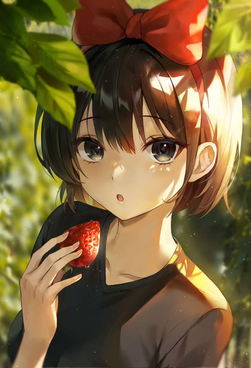 1girl :o absurdres bangs black_eyes black_hair black_shirt blush bow bow_hairband collarbone day eyebrows_visible_through_hair fingernails food fruit hair_bow hairband highres holding holding_food holding_fruit kiki looking_at_viewer majo_no_takkyuubin mrr_05 open_mouth outdoors red_bow red_hairband shirt short_hair solo strawberry sunlight upper_body water_drop