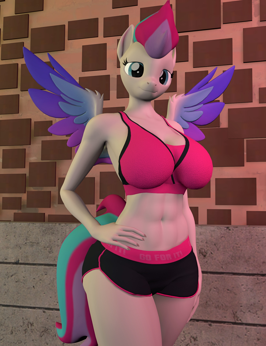 2023 3d_(artwork) abs anthro anthrofied athletic athletic_anthro athletic_female athletic_wear belly bottomwear bra clothing comic digital_media_(artwork) equid equine female friendship_is_magic gym_bottomwear gym_shorts hair hand_on_hip hand_on_leg hasbro hi_res horse looking_at_viewer mammal mlp_g5 multicolored_hair multicolored_wings my_little_pony mythological_creature mythological_equine mythology navel olkategrin outside pegasus pony shorts smile smiling_at_viewer solo source_filmmaker sport sport_top sports_bra sportswear spread_wings tail underwear wall_(structure) widescreen wings zipp_storm_(mlp)