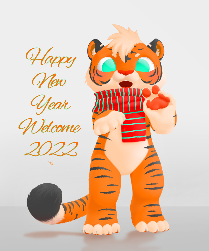 2022 5_fingers absurd_res anthro belly fairycatcreation felid fingers fur gesture green_eyes greeting hi_res holidays humanoid male mammal new_year new_year_2022 orange_body orange_fur pantherine red_nose scarf simple_background smile solo speech_bubble stripes tiger waving white_belly