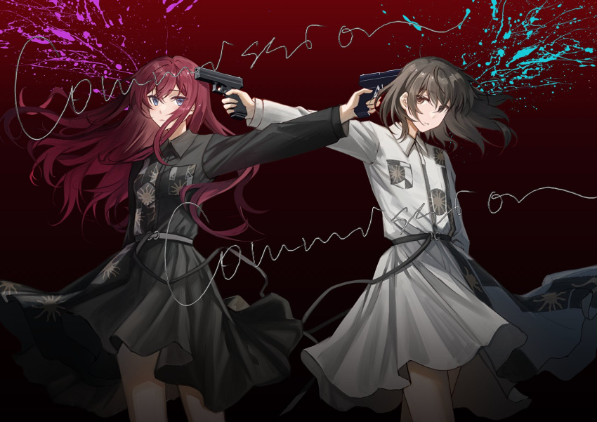 2girls black_background black_shirt black_skirt blood blue_blood blue_eyes brown_eyes brown_hair cowboy_shot firing floating_hair gradient_background gun gun_to_head hair_between_eyes hand_up handgun highres holding holding_gun holding_weapon kleinlight legs_apart long_hair long_sleeves miniskirt multiple_girls murder original outstretched_arm pink_blood pleated_skirt red_background red_hair shirt side-by-side sidelocks simple_background skirt weapon white_shirt white_skirt