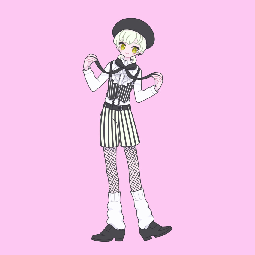 1boy androgynous beret black_footwear black_headwear black_ribbon blonde_hair closed_mouth collared_shirt earrings fishnet_pantyhose fishnets full_body hands_up hat highres jewelry king_of_prism_by_prettyrhythm kisaragi_louis leg_warmers loafers long_sleeves looking_at_viewer male_focus neck_ribbon nyaasechan pantyhose pink_background pretty_rhythm pretty_series ribbon shirt shoes shorts simple_background smile solo standing striped_clothes striped_shorts vertical-striped_clothes vertical-striped_shorts white_shirt yellow_eyes